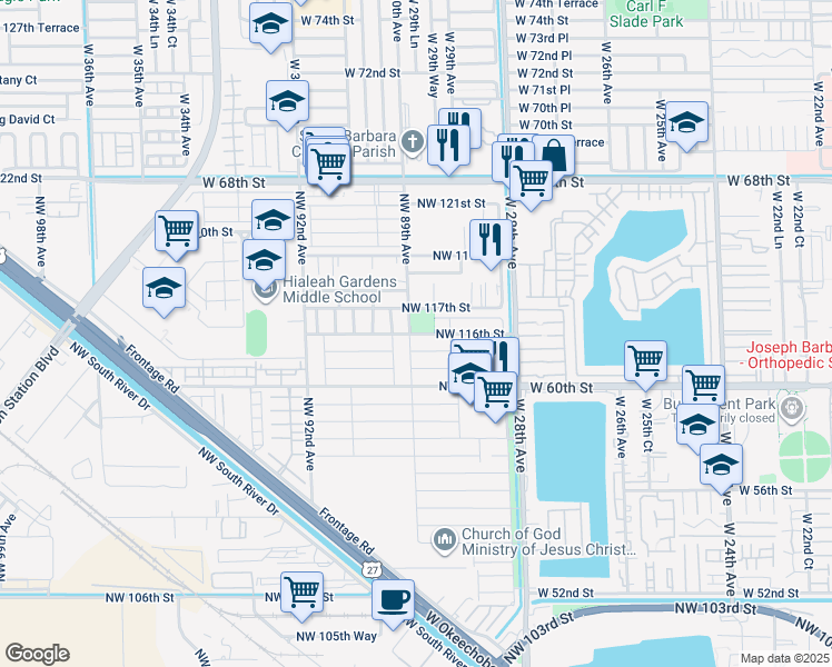 map of restaurants, bars, coffee shops, grocery stores, and more near 11603 Northwest 89th Avenue in Hialeah Gardens