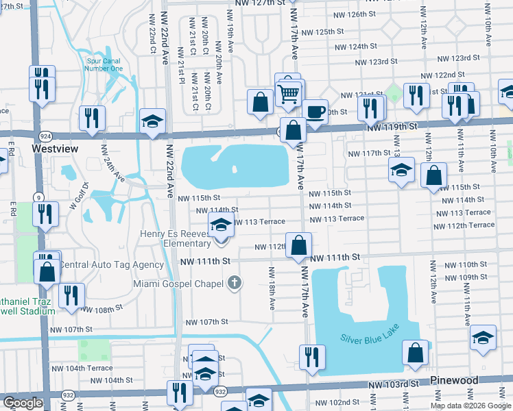 map of restaurants, bars, coffee shops, grocery stores, and more near 1821 Northwest 115th Street in Miami