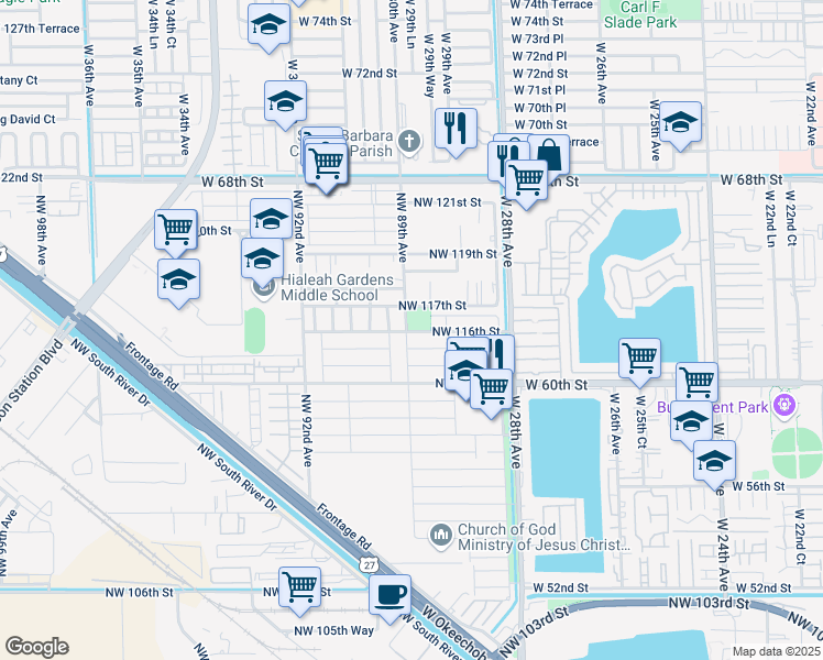 map of restaurants, bars, coffee shops, grocery stores, and more near 11605 Northwest 89th Avenue in Hialeah Gardens