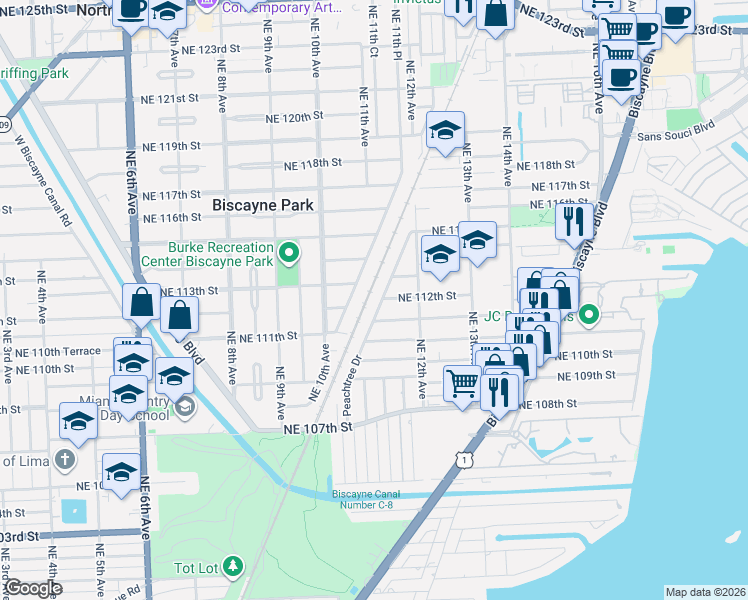 map of restaurants, bars, coffee shops, grocery stores, and more near 11243 Northeast 11th Place in Biscayne Park