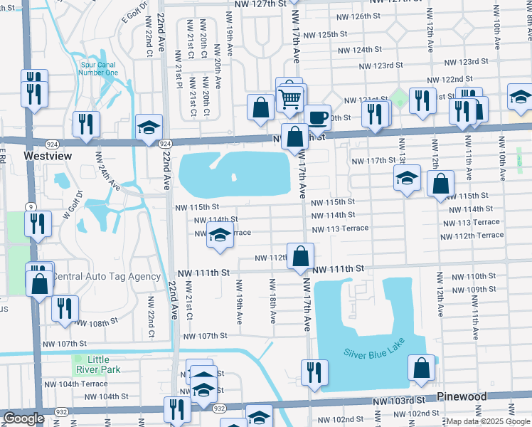 map of restaurants, bars, coffee shops, grocery stores, and more near 1821 Northwest 115th Street in Miami