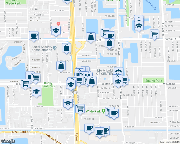 map of restaurants, bars, coffee shops, grocery stores, and more near 1855 West 62nd Street in Hialeah