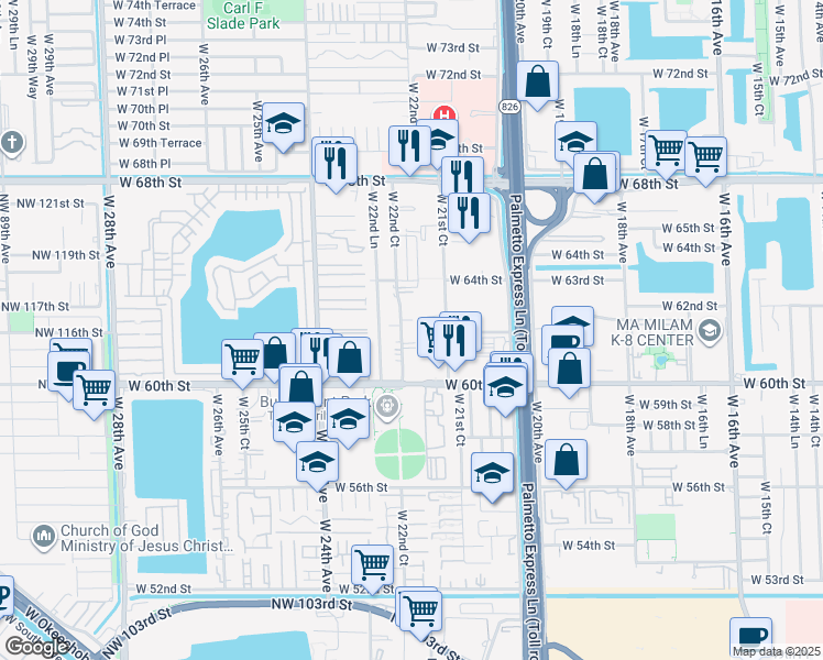 map of restaurants, bars, coffee shops, grocery stores, and more near 6265 West 22nd Court in Hialeah