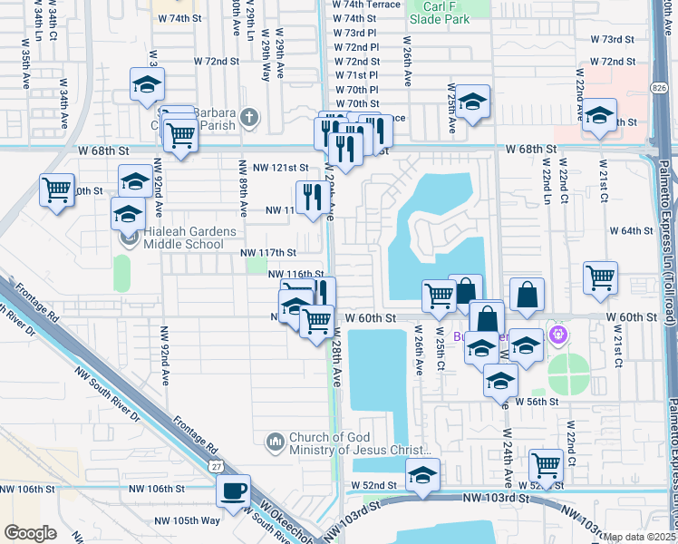 map of restaurants, bars, coffee shops, grocery stores, and more near 2765 West 62nd Place in Hialeah