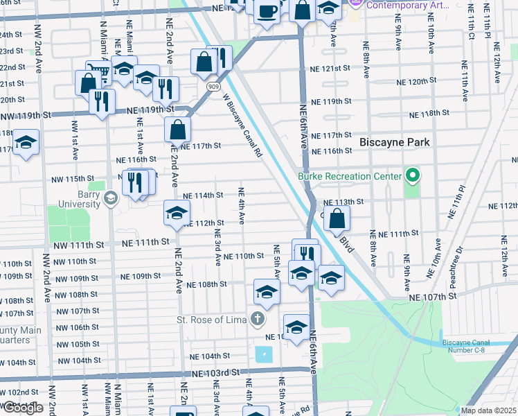 map of restaurants, bars, coffee shops, grocery stores, and more near 470 Northeast 114th Street in Miami