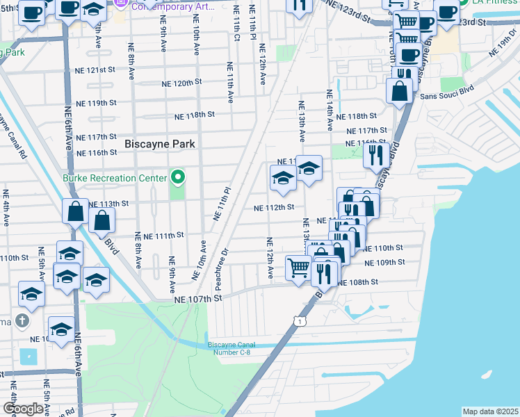 map of restaurants, bars, coffee shops, grocery stores, and more near 1106 Northeast 113th Street in Miami