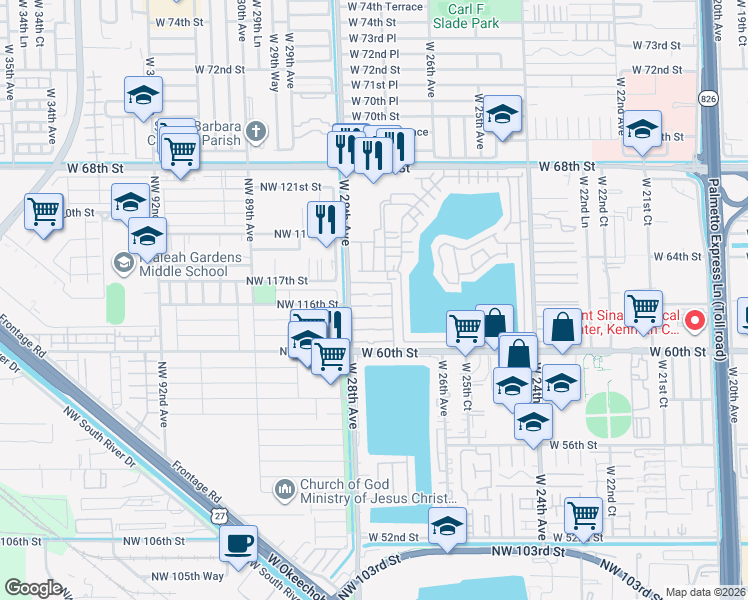 map of restaurants, bars, coffee shops, grocery stores, and more near 2765 West 62nd Place in Hialeah