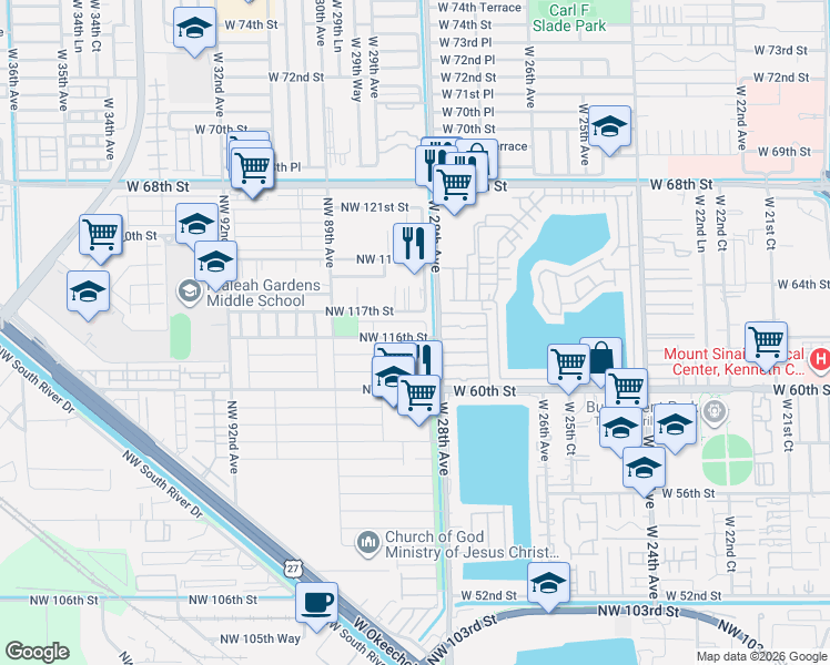 map of restaurants, bars, coffee shops, grocery stores, and more near 8725 Northwest 116th Terrace in Hialeah Gardens