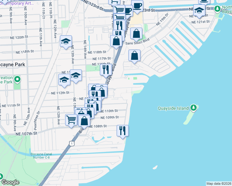 map of restaurants, bars, coffee shops, grocery stores, and more near 11113 Biscayne Boulevard in Miami