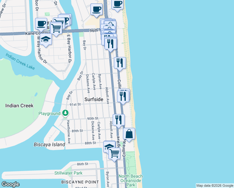 map of restaurants, bars, coffee shops, grocery stores, and more near 9172 Collins Avenue in Surfside