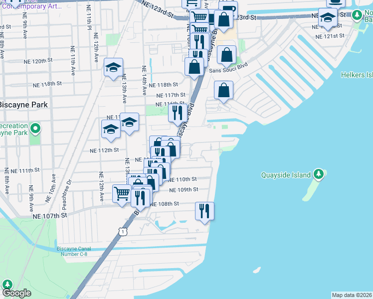 map of restaurants, bars, coffee shops, grocery stores, and more near 11113 Biscayne Boulevard in Miami