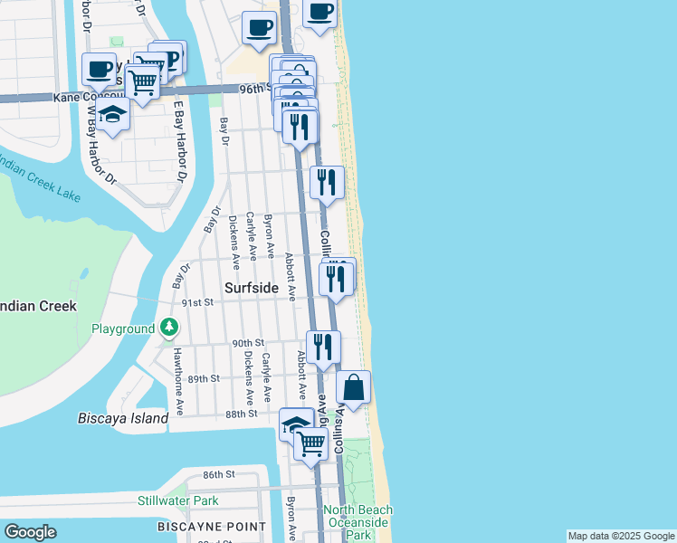 map of restaurants, bars, coffee shops, grocery stores, and more near 9170 Collins Avenue in Surfside