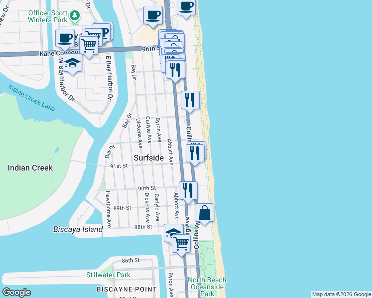 map of restaurants, bars, coffee shops, grocery stores, and more near in Surfside