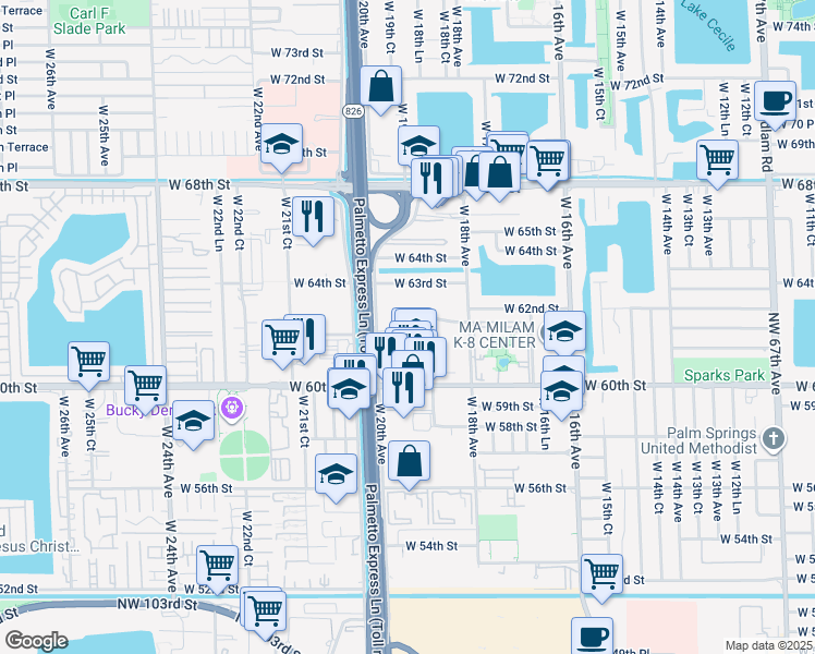 map of restaurants, bars, coffee shops, grocery stores, and more near 1871 West 62nd Street in Hialeah
