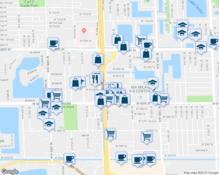 map of restaurants, bars, coffee shops, grocery stores, and more near 1871 West 62nd Street in Hialeah