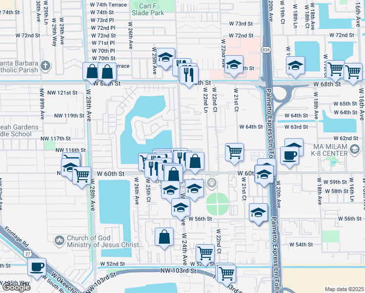 map of restaurants, bars, coffee shops, grocery stores, and more near 6251 West 60th Place in Hialeah