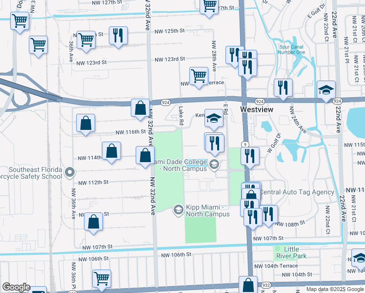 map of restaurants, bars, coffee shops, grocery stores, and more near Lake Road in Miami