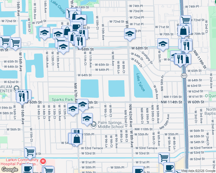 map of restaurants, bars, coffee shops, grocery stores, and more near 6245 West 10th Avenue in Hialeah