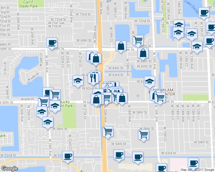 map of restaurants, bars, coffee shops, grocery stores, and more near 1871 West 62nd Street in Hialeah