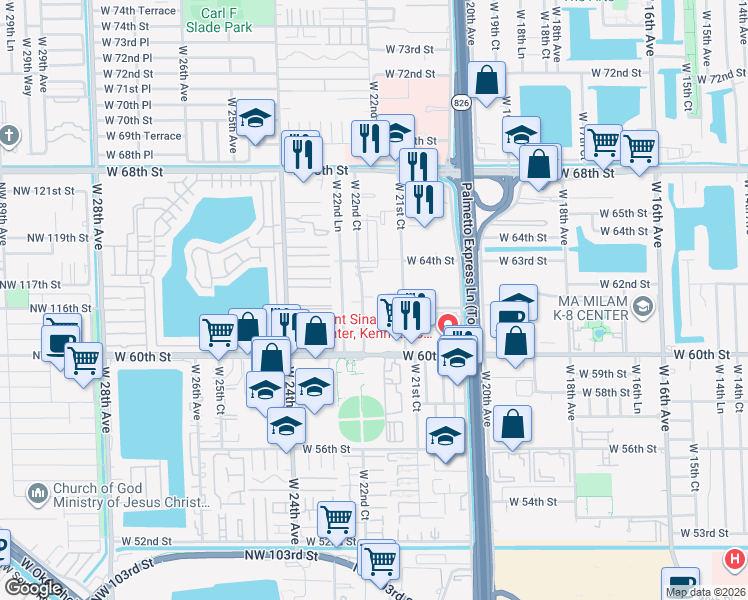 map of restaurants, bars, coffee shops, grocery stores, and more near 6241 West 22nd Court in Hialeah