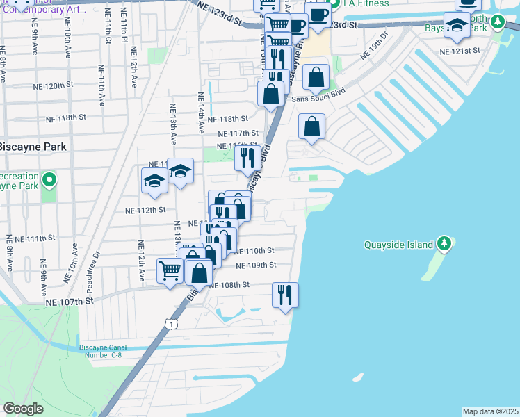 map of restaurants, bars, coffee shops, grocery stores, and more near 11113 Biscayne Boulevard in Miami