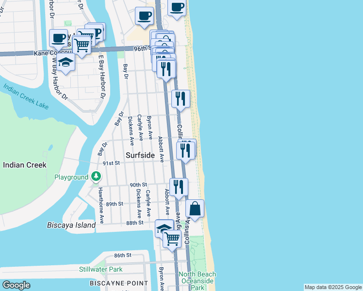 map of restaurants, bars, coffee shops, grocery stores, and more near in Surfside