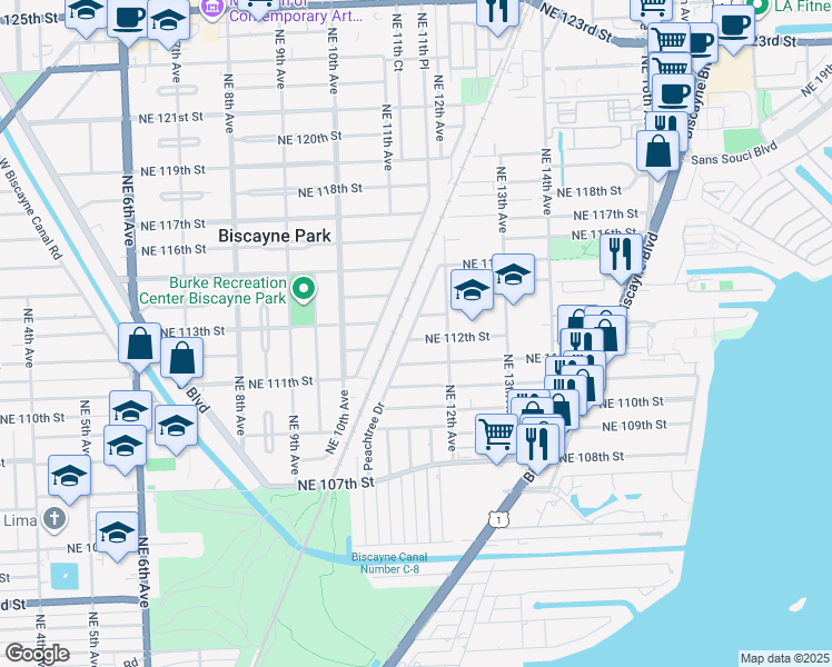 map of restaurants, bars, coffee shops, grocery stores, and more near 1106 Northeast 113th Street in Miami