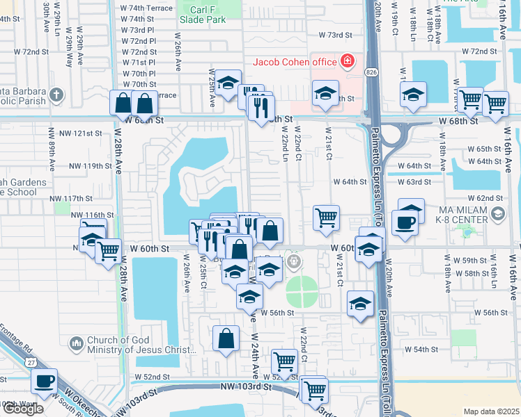 map of restaurants, bars, coffee shops, grocery stores, and more near 6251 West 60th Place in Hialeah