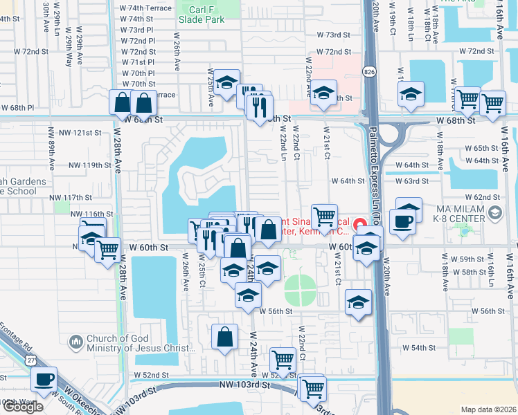map of restaurants, bars, coffee shops, grocery stores, and more near 6251 West 60th Place in Hialeah