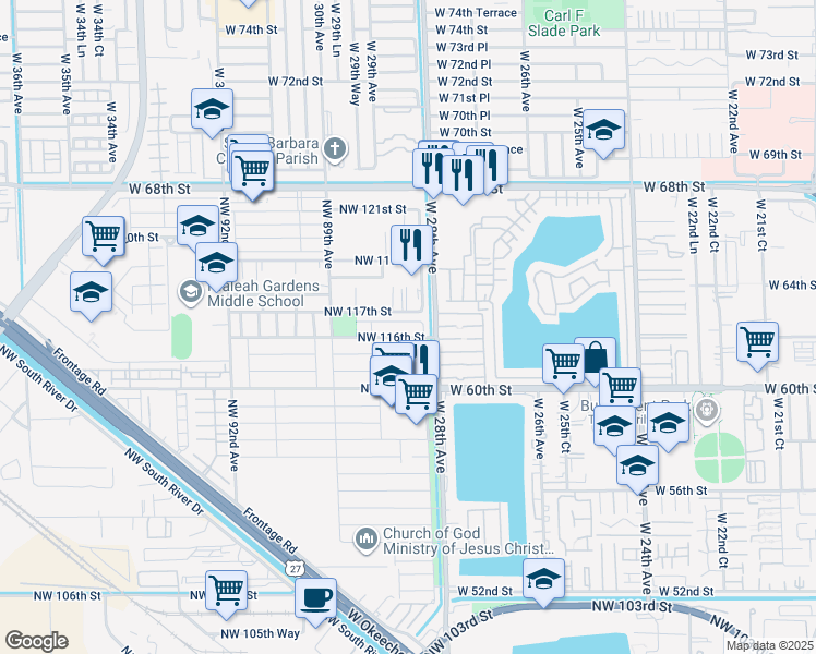 map of restaurants, bars, coffee shops, grocery stores, and more near 8725 Northwest 116th Terrace in Hialeah Gardens