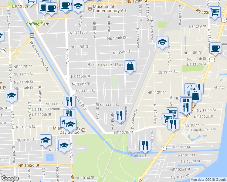 map of restaurants, bars, coffee shops, grocery stores, and more near 902 Northeast 113th Street in Biscayne Park