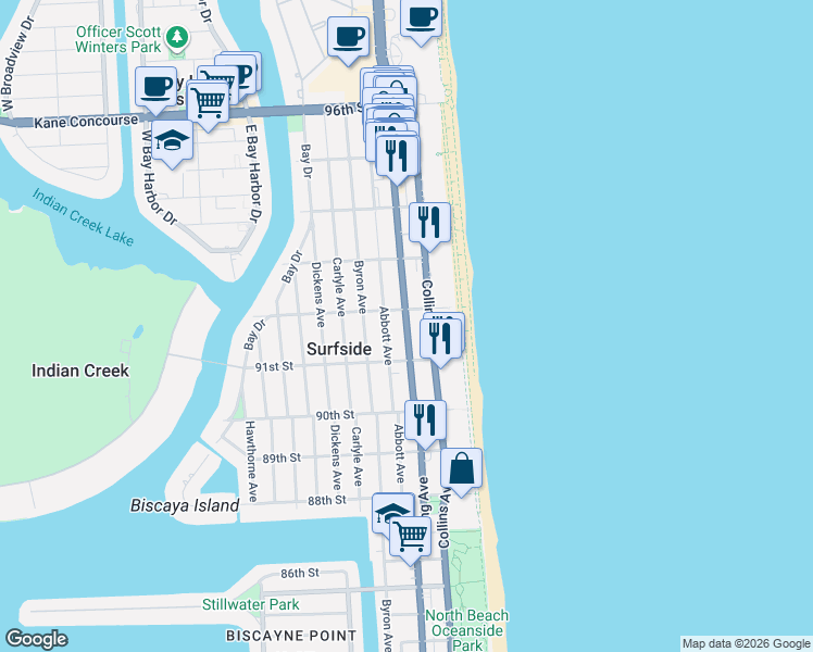 map of restaurants, bars, coffee shops, grocery stores, and more near in Surfside