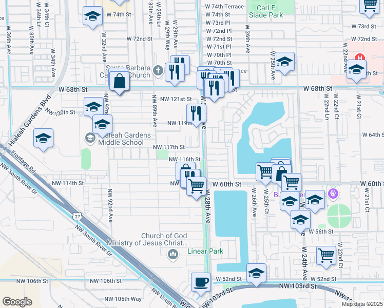 map of restaurants, bars, coffee shops, grocery stores, and more near 8725 Northwest 116th Terrace in Hialeah Gardens