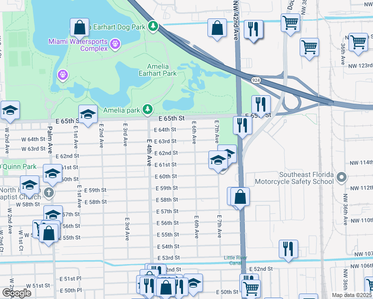 map of restaurants, bars, coffee shops, grocery stores, and more near 524 East 63rd Street in Hialeah