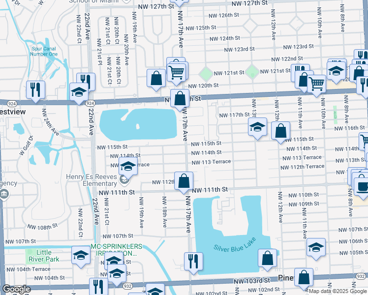 map of restaurants, bars, coffee shops, grocery stores, and more near 1710 Northwest 115th Street in Miami