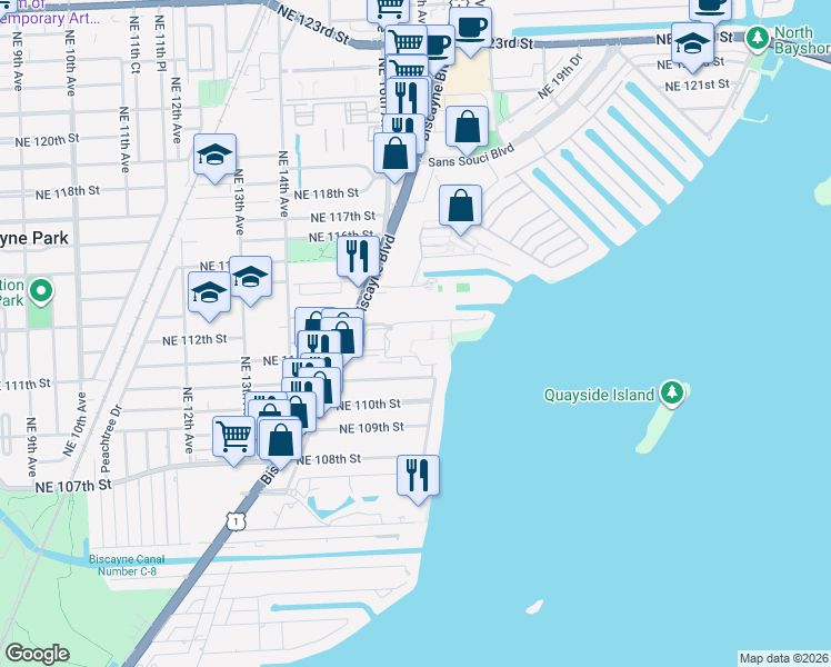 map of restaurants, bars, coffee shops, grocery stores, and more near 11111 Northeast 112th Street in Miami
