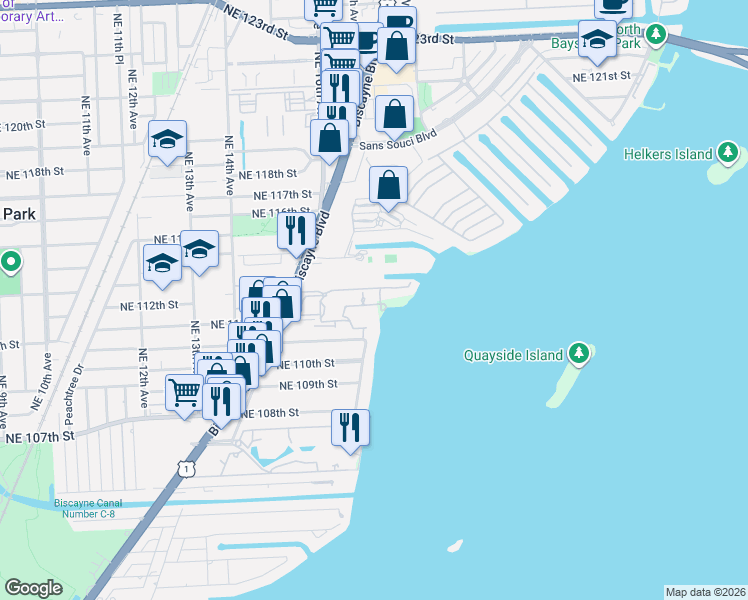 map of restaurants, bars, coffee shops, grocery stores, and more near 11111 Northeast 112th Street in Miami