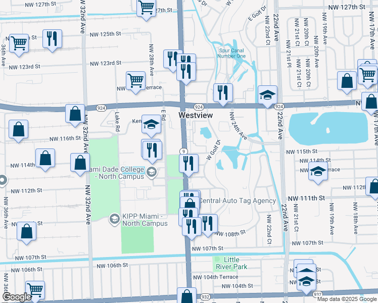 map of restaurants, bars, coffee shops, grocery stores, and more near 11525 Northwest 27th Avenue in Miami