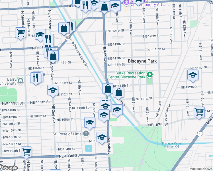 map of restaurants, bars, coffee shops, grocery stores, and more near 600 Northeast 114th Street in Biscayne Park