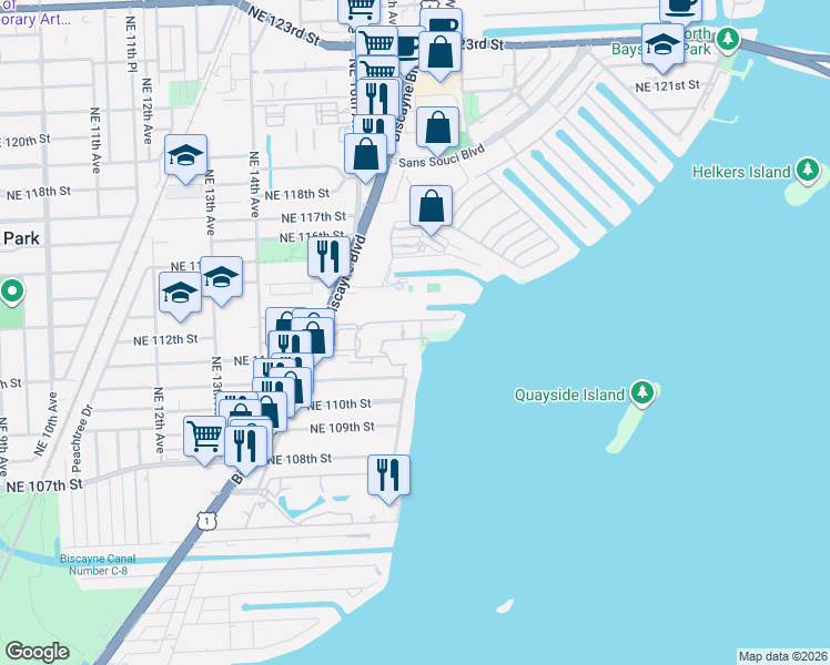 map of restaurants, bars, coffee shops, grocery stores, and more near 11111 Northeast 112th Street in Miami