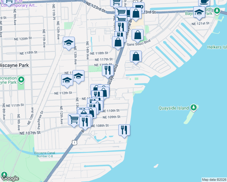 map of restaurants, bars, coffee shops, grocery stores, and more near 11113 Biscayne Boulevard in Miami