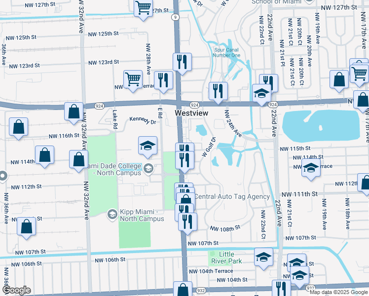 map of restaurants, bars, coffee shops, grocery stores, and more near 11525 Northwest 27th Avenue in Miami