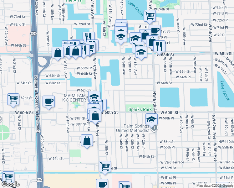 map of restaurants, bars, coffee shops, grocery stores, and more near 6174 West 14th Lane in Hialeah