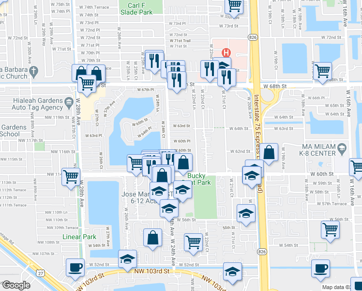 map of restaurants, bars, coffee shops, grocery stores, and more near 6251 West 60th Place in Hialeah