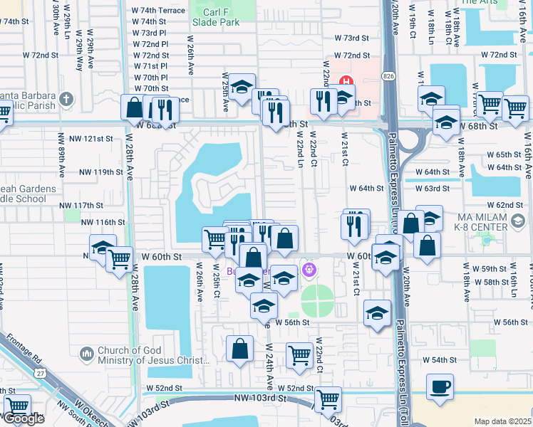 map of restaurants, bars, coffee shops, grocery stores, and more near 6251 West 60th Place in Hialeah