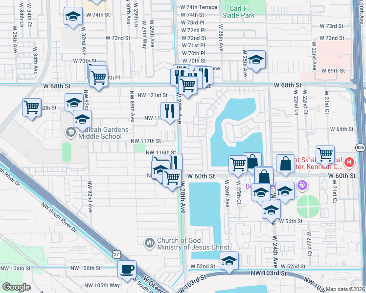 map of restaurants, bars, coffee shops, grocery stores, and more near 2765 West 62nd Place in Hialeah