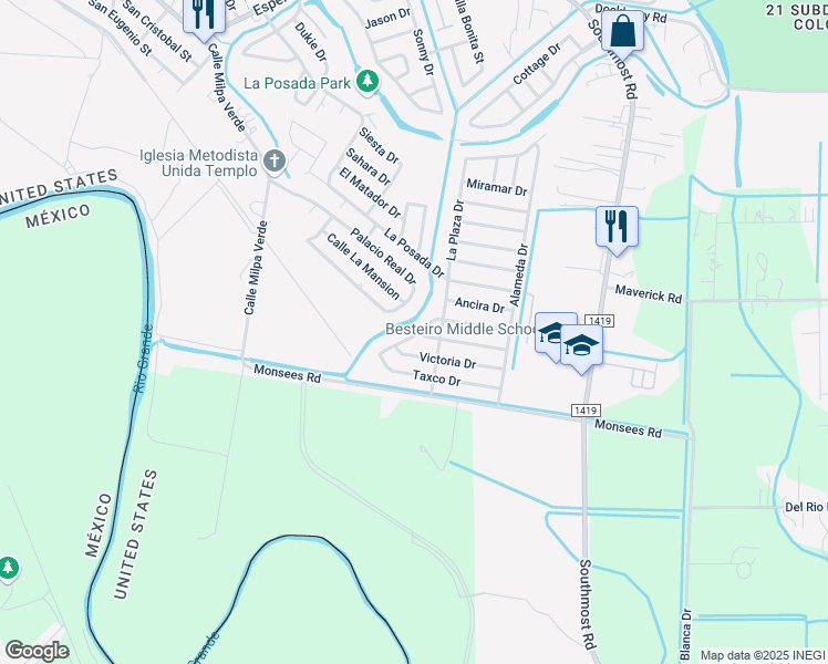 map of restaurants, bars, coffee shops, grocery stores, and more near 1813 Del Prado Drive in Brownsville