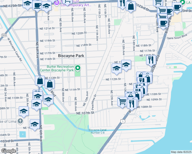 map of restaurants, bars, coffee shops, grocery stores, and more near 11243 Northeast 11th Place in Biscayne Park