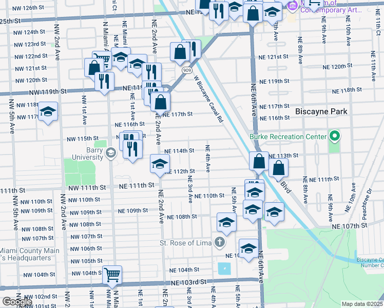map of restaurants, bars, coffee shops, grocery stores, and more near 11321 Northeast 3rd Avenue in Miami