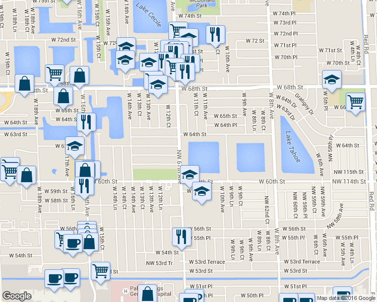 map of restaurants, bars, coffee shops, grocery stores, and more near 6285 West 12th Avenue in Hialeah